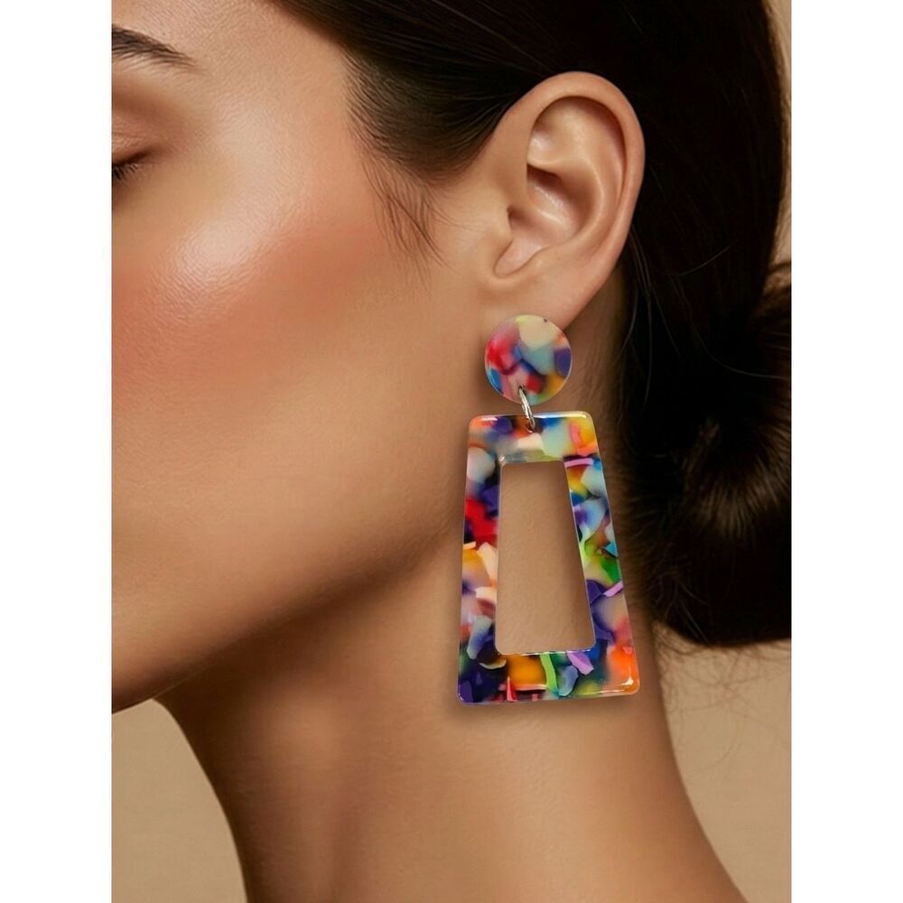 Rainbow Marble Earrings Geometric Acrylic Dangle Colorful Statement Bold Artsy
